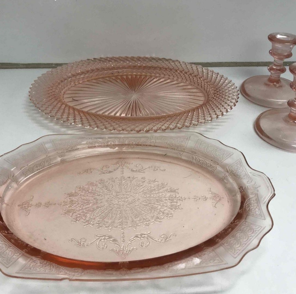 Vintage Pink Depression trays and candle holder